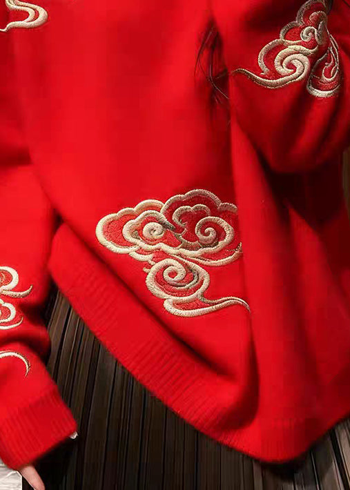 Women Red O Neck Auspicious Clouds Cozy Knit Sweaters Fall
