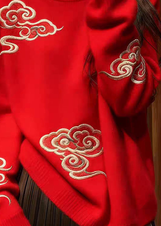 Women Red O Neck Auspicious Clouds Cozy Knit Sweaters Fall