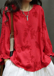 Women Red O Neck Embroidered Linen Shirt Tops Lantern Sleeve