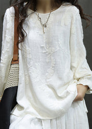 Women Red O Neck Embroidered Linen Shirt Tops Lantern Sleeve