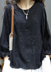 Women Red O Neck Embroidered Linen Shirt Tops Lantern Sleeve