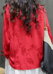 Women Red O Neck Embroidered Linen Shirt Tops Lantern Sleeve