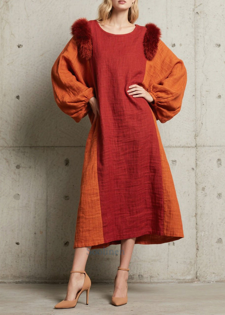 Women Red Oversized Patchwork Faux Fur Maxi Dress Fall