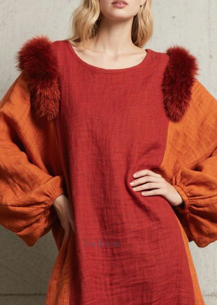 Women Red Oversized Patchwork Faux Fur Maxi Dress Fall
