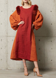 Women Red Oversized Patchwork Faux Fur Maxi Dress Fall