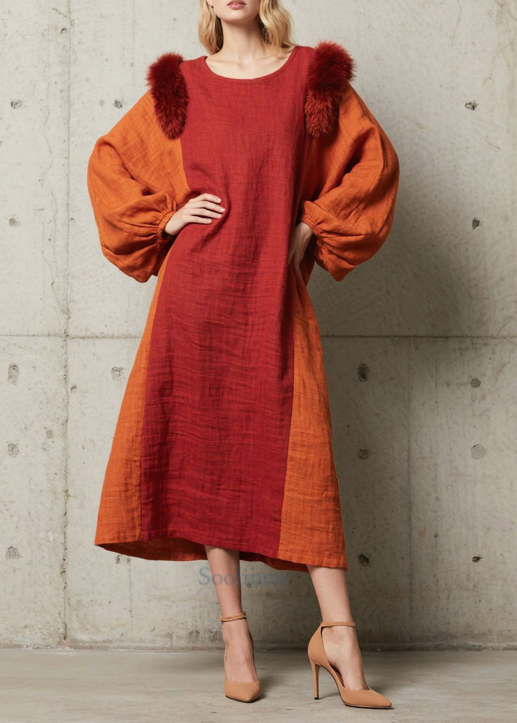 Women Red Oversized Patchwork Faux Fur Maxi Dress Fall