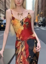 Women Red Painting Tie Waist Tulle Spaghetti Strap Dress Summer