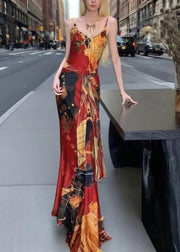 Women Red Painting Tie Waist Tulle Spaghetti Strap Dress Summer