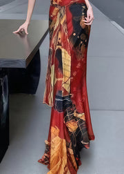 Women Red Painting Tie Waist Tulle Spaghetti Strap Dress Summer