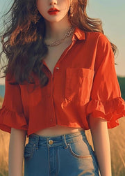 Women Red Peter Pan Collar Cotton Short Shirts Flare Sleeve