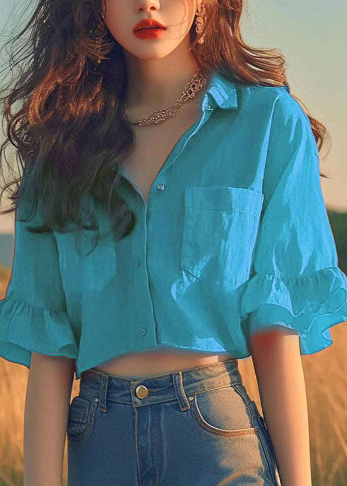 Women Red Peter Pan Collar Cotton Short Shirts Flare Sleeve