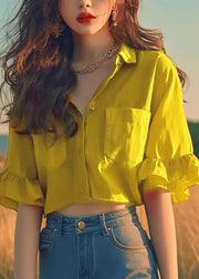 Women Red Peter Pan Collar Cotton Short Shirts Flare Sleeve