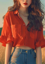 Women Red Peter Pan Collar Cotton Short Shirts Flare Sleeve