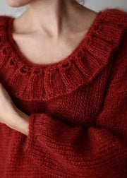 Women Red Peter Pan Collar Oversized Knit Pullover Winter