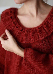 Women Red Peter Pan Collar Oversized Knit Pullover Winter