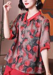 Women Red Peter Pan Collar Print Button Patchwork Linen Top Summer