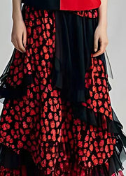 Women Red Print Tulle Holiday Tulle Long Dress Short Sleeve