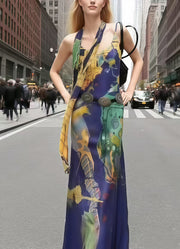 Women Red Print With Ribbon Silk Sundress Summer