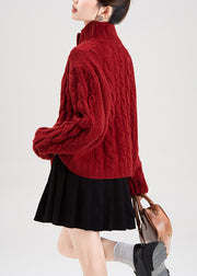 Women Red Stand Collar Button Cable Knit Coat Winter