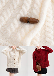 Women Red Stand Collar Button Cable Knit Coat Winter