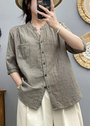 Women Red Stand Collar Striped Cotton Shirt Half Sleeve