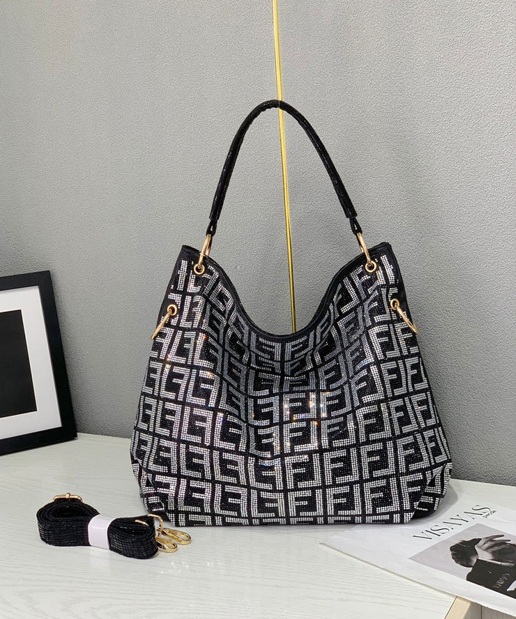 Women Rhinestone Solid Durable Faux Leather Tote Handbag