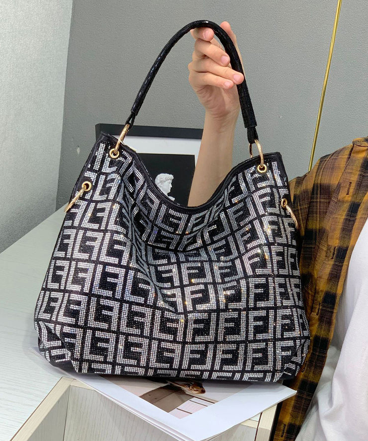 Women Rhinestone Solid Durable Faux Leather Tote Handbag