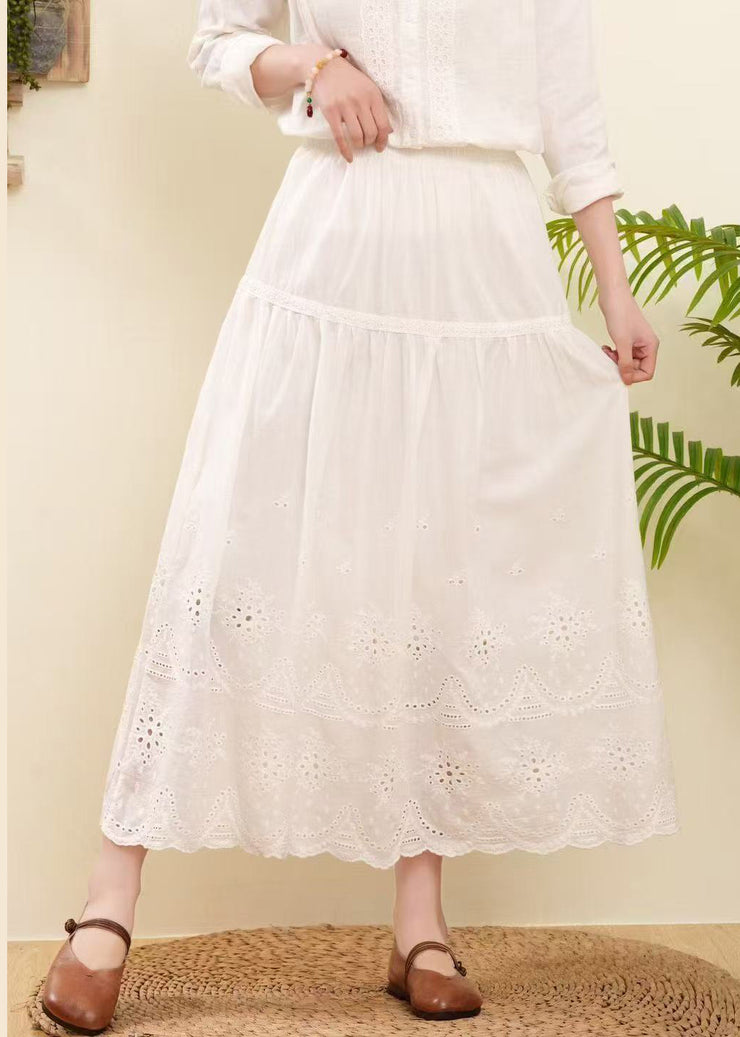 Women Rose Embroidered Hollow Out Cotton Skirts Summer