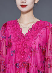 Women Rose Embroideried Patchwork Lace Tops Lantern Sleeve