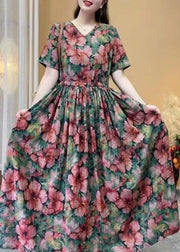 Women Rose Floral Cotton Long Dress Cinched Summer
