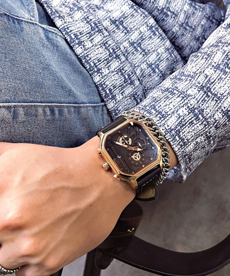 Women Rose Gold Leather Square Waterproof Watches