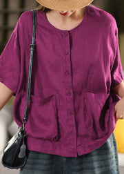 Women Yellow O Neck Button Pockets Linen Shirt Tops Summer
