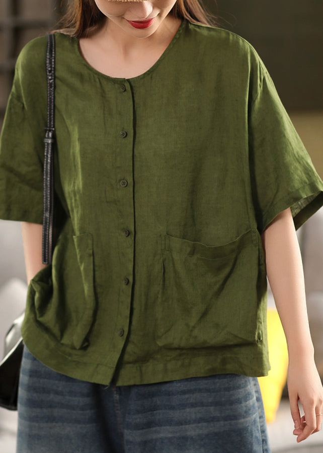 Women Yellow O Neck Button Pockets Linen Shirt Tops Summer