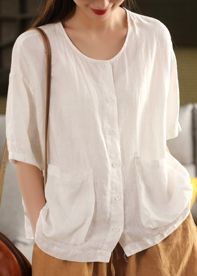 Women Yellow O Neck Button Pockets Linen Shirt Tops Summer