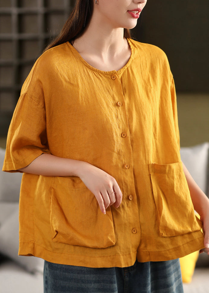 Women Yellow O Neck Button Pockets Linen Shirt Tops Summer