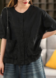 Women Yellow O Neck Button Pockets Linen Shirt Tops Summer