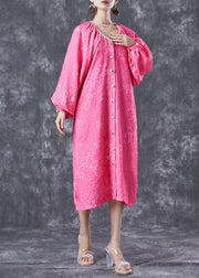Women Rose Oversized Jacquard Cotton Maxi Dress Lantern Sleeve