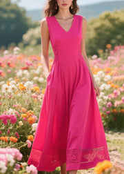 Women Rose Patchwork Hollow Out Cotton Long Dress Summer