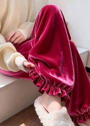 Women Rose Ruffled Solid Silk Velvet Pants Winter