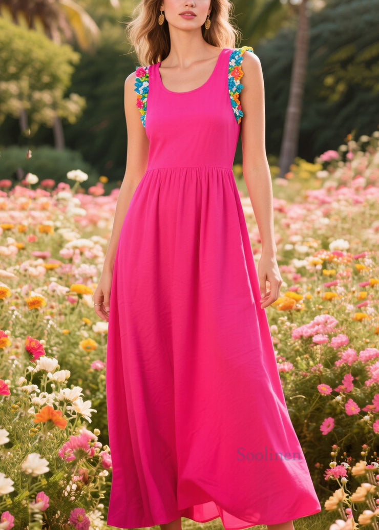 Women Rose U Neck Patchwork Cotton Long Dress Sleeveless