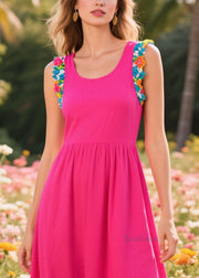 Women Rose U Neck Patchwork Cotton Long Dress Sleeveless