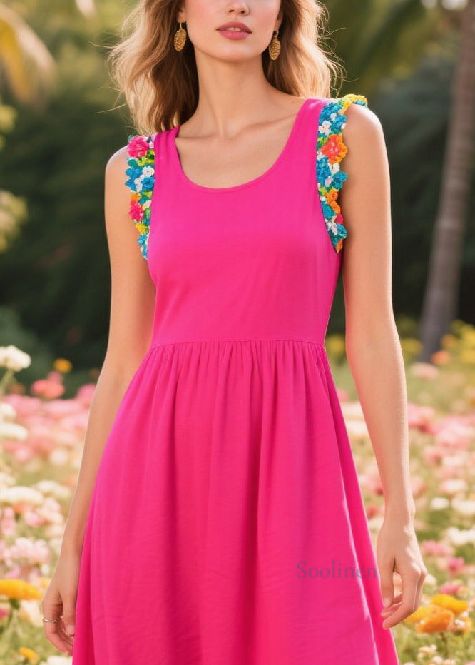 Women Rose U Neck Patchwork Cotton Long Dress Sleeveless