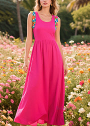 Women Rose U Neck Patchwork Cotton Long Dress Sleeveless