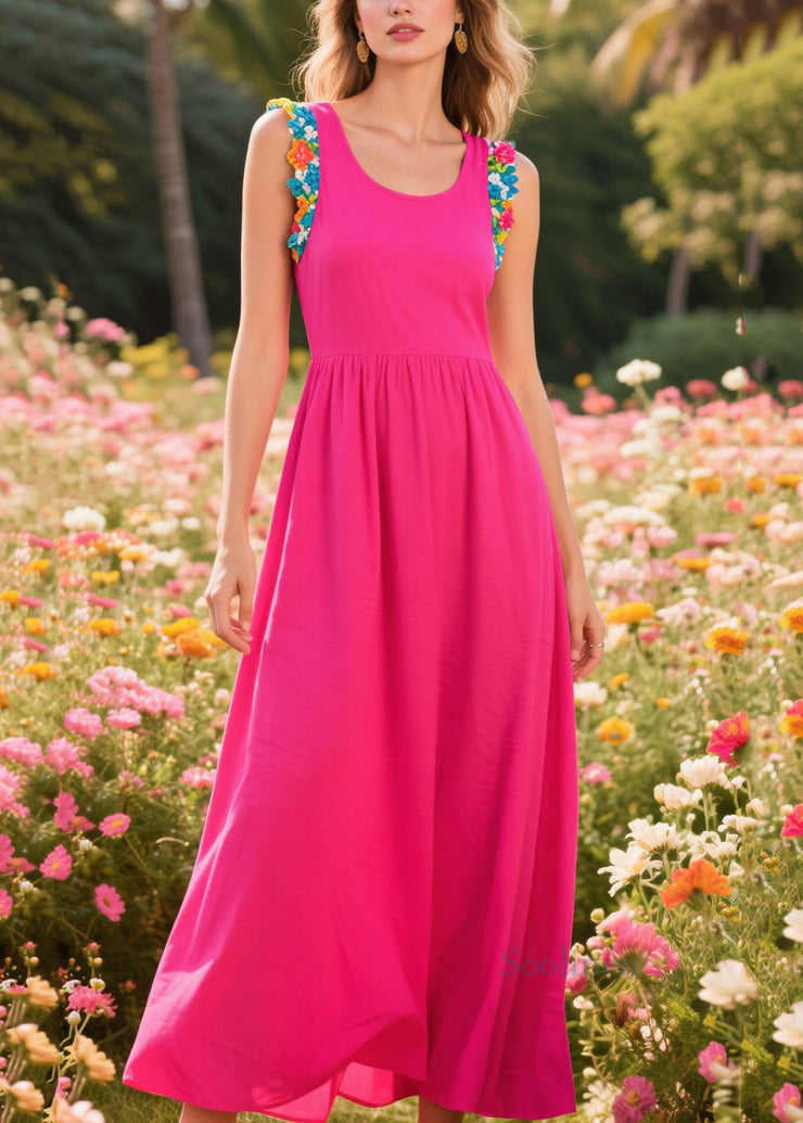 Women Rose U Neck Patchwork Cotton Long Dress Sleeveless