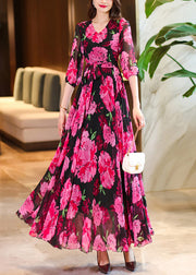 Women Rose V Neck Print Chiffon Maxi Dresses Summer