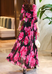 Women Rose V Neck Print Chiffon Maxi Dresses Summer