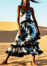 Women Ruffled Patchwork Tie Dye Cotton Cami Dress Summer