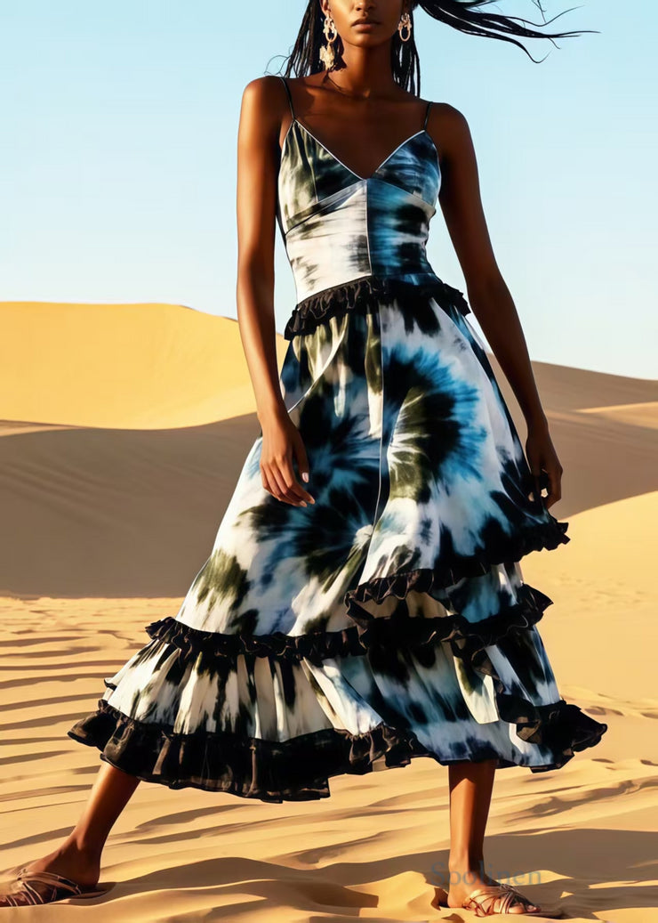 Women Ruffled Patchwork Tie Dye Cotton Cami Dress Summer
