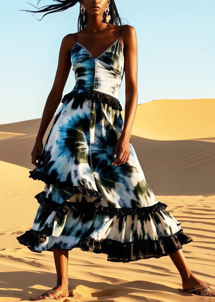 Women Ruffled Patchwork Tie Dye Cotton Cami Dress Summer