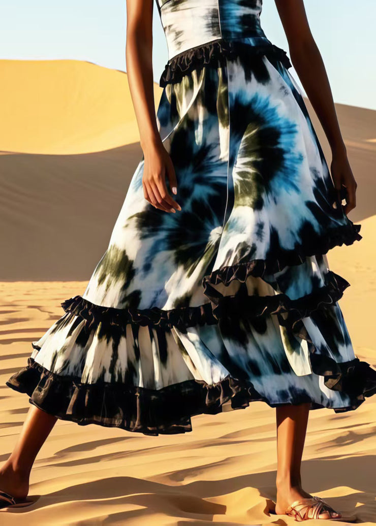 Women Ruffled Patchwork Tie Dye Cotton Cami Dress Summer